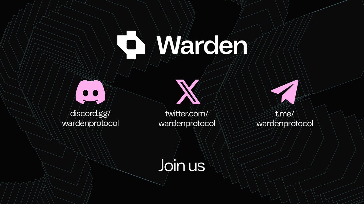 ❤️Join us:
✖️x.com/wardenprotocol (X)
🤖discord.gg/wardenprotocol (Discord)
📨t.me/wardenprotocol (Telegram)
🆕warpcast.com/wardenprotocol (Farcaster)