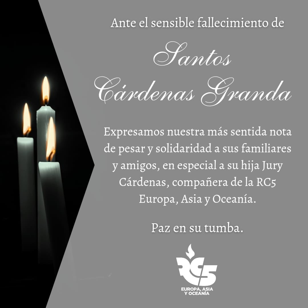 Desde el movimiento @RC5Europa y @Juventud_rc5eao queremos darle nuestras condolencias a nuestra compañera @CardenasJury5 por el Fallecimiento de su Padre el Sr. Santos Cardenas Granada, que encuentres consuelo en los recuerdos compartidos y en el amor que siempre los unirá.