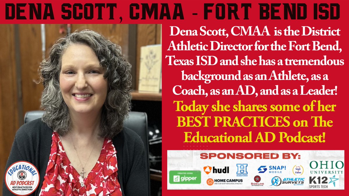 Dena Scott, CMAA of Ft. Bend ISD (TX) shares BEST PRACTICES on The EducaAD Podcast! @sportsYou podcasters.spotify.com/pod/show/educa… @AD__insider @FBISDAthletics @GCWHSS @NIAAA9100 @OfficialTHSADA @THSCAcoaches @abc13houston @leslie_slovak @WeCOACH @coach_ad @GADACOACHES @Hudl @gogipper