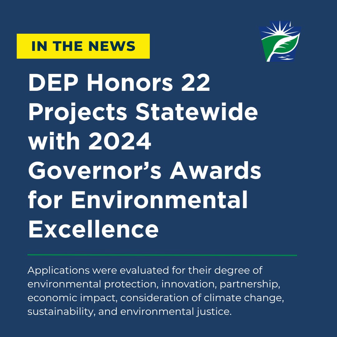 22 projects across Pennsylvania will be honored with the 2024 Governor’s Awards for Environmental Excellence. Projects include: streambank restoration, tree planting, environmental conservation, and many more. Learn more here: bit.ly/3Q8lue2