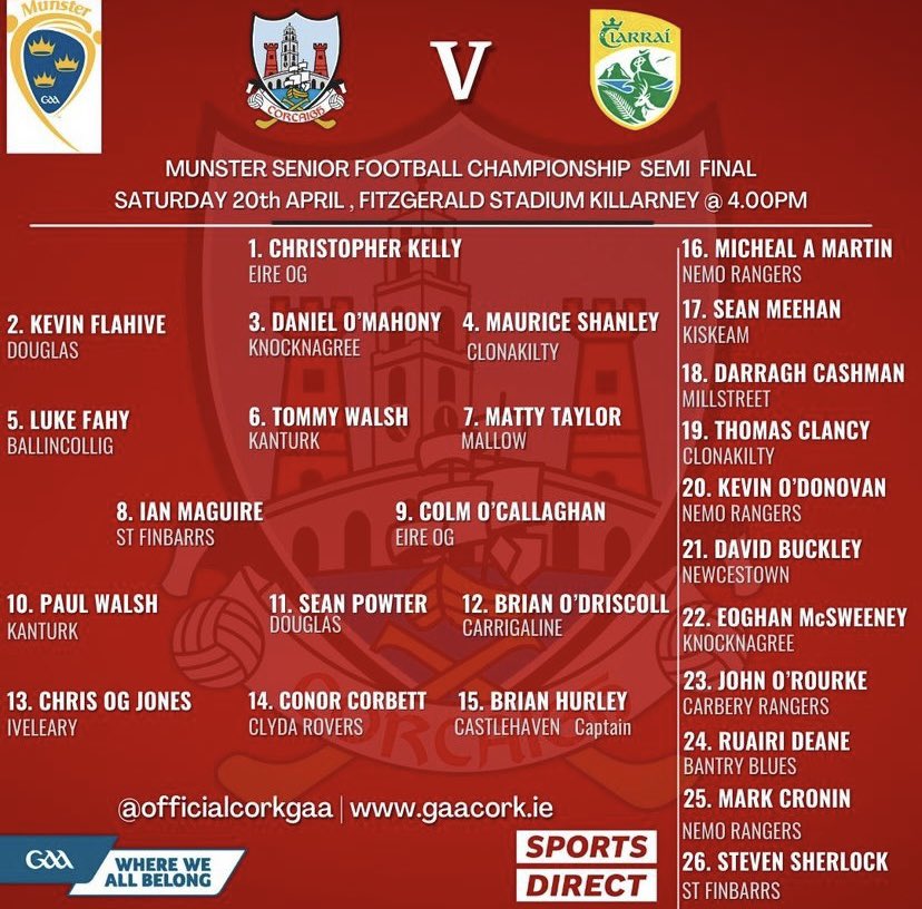 All the best to Brian Hurley & John Cleary and the Cork team vs. Kerry on Saturday .