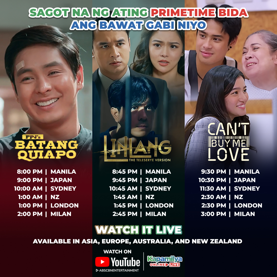 Sasamahan ka gabi-gabi ng ating #PrimetimeBida! 🔥  Watch #FPJsBatangQuiapo, #Linlang, and #CantBuyMeLove LIVE sa #KapamilyaOnlineLive!