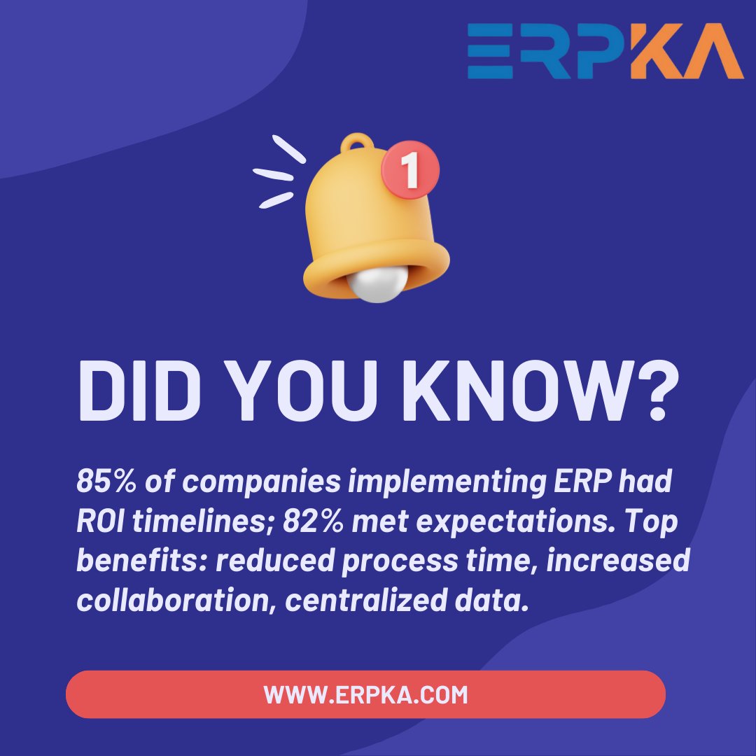 REMINDER! 85% of companies implementing ERP had ROI timelines; 82% met expectations. Top benefits: reduced process time, increased collaboration, centralized data. To know more visit our website 👉erpka.com #reminder #businessdata #protectyourbusinessdata