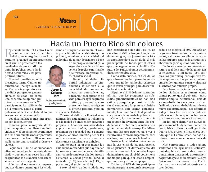 Comparto mi columna de hoy, publicada en @VoceroPR y que aborda el informe del @centrocrece sobre las perspectivas económicas. @luisfortuno51 @teresitanolla