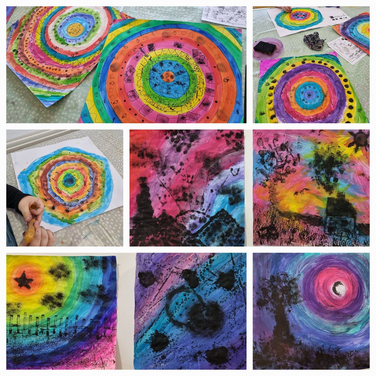 Doodleboxstudio's tweet photo. Some of the beautiful printing done by the Bugs and Buddues so far this week. Printing was done using traditional and unexpected objects on paintings made last week. Love these. https://t.co/7QTHGi8l7K