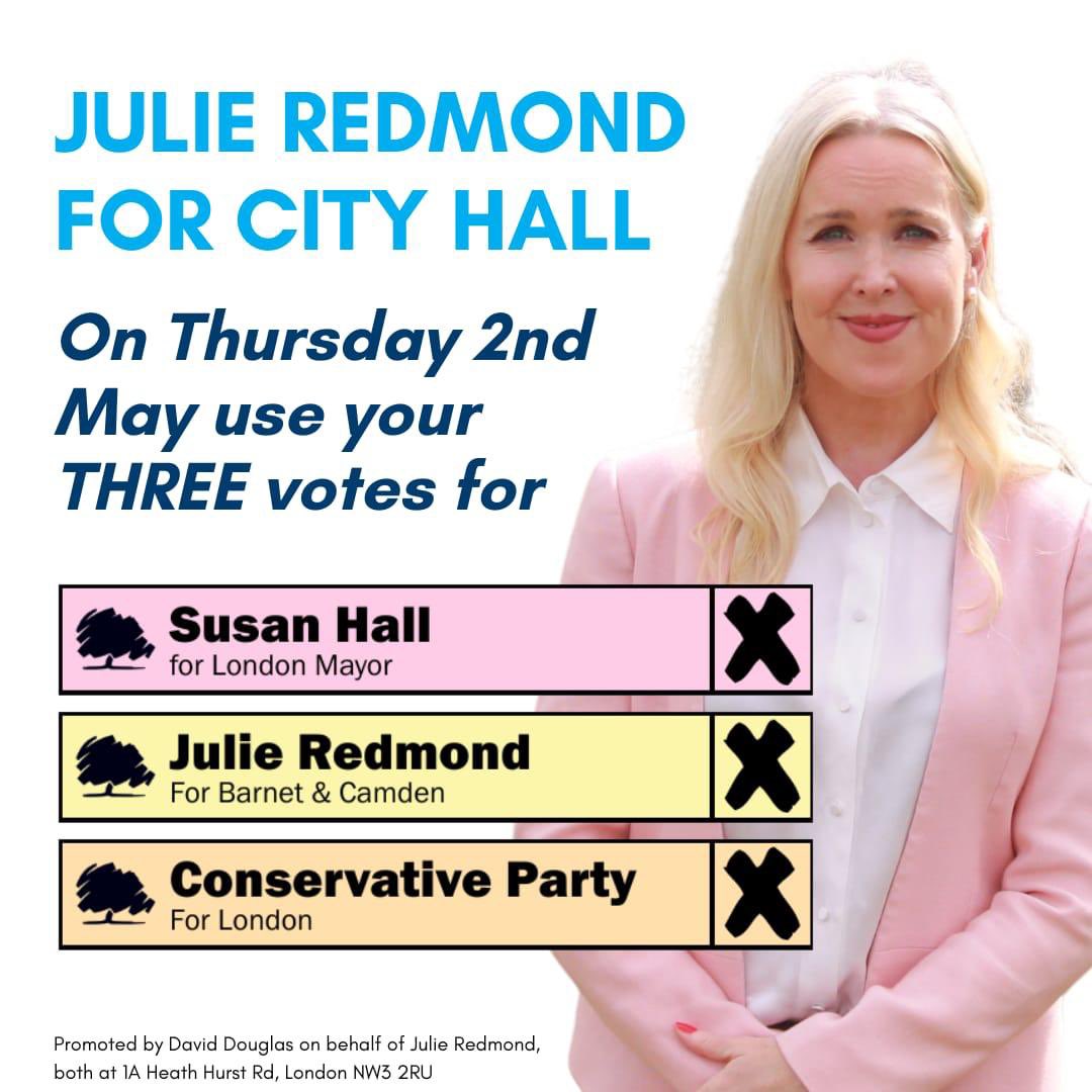 If you live in Barnet or Camden, vote for <a href="/JulieredmondW/">Julie Redmond</a> on the 2nd of May! 

Julie is a former NHS nurse and a mother who cares about the future of Barnet and Camden. She is a passionate community volunteer, and chair of her residents' groups.