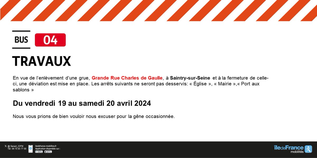 ⚠️#InfoTrafic #ligne04

📆Du vendredi 19 au samedi 20 avril 2024 

 En raison des travaux  à #SaintrysurSeine Les arrêts : « Église », « Mairie », « Port aux sablons » ne seront pas desservit.