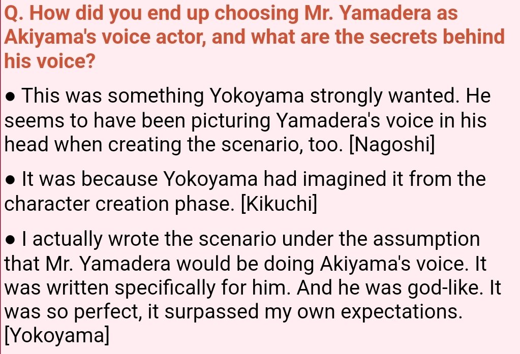 Fun Yakuza fact: Yokoyama have always planned for Koichi Yamadera to voiced Akiyama. He also wrote the scenario for Akiyama with the assumption that Yamadera will do the voice for Akiyama. Like, this role was written specifically for Koichi.