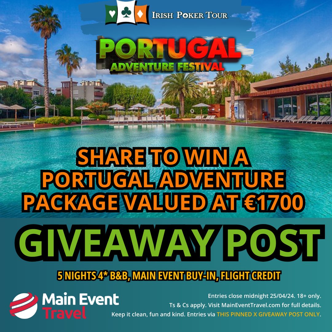 Main Event Travel (@maineventtravel) on Twitter photo GIVEAWAY POST🎟️🎟️🎟️
MET has teamed up with <a href="/IrishPokerTour/">Irish Poker Tour</a> to send a player to the Portugal Adventure this Summer for the ultimate sun, fun, and poker Playcation!
➡️ TO ENTER
➡️ FOLLOW <a href="/MainEventTravel/">Main Event Travel</a> on X
➡️ LIKE this pinned Giveaway Post
➡️ SHARE Giveaway Post to your X
➡️ GIVEAWAY POST🎟️🎟️🎟️
MET has teamed up with <a href="/IrishPokerTour/">Irish Poker Tour</a> to send a player to the Portugal Adventure this Summer for the ultimate sun, fun, and poker Playcation!
➡️ TO ENTER
➡️ FOLLOW <a href="/MainEventTravel/">Main Event Travel</a> on X
➡️ LIKE this pinned Giveaway Post
➡️ SHARE Giveaway Post to your X
➡️