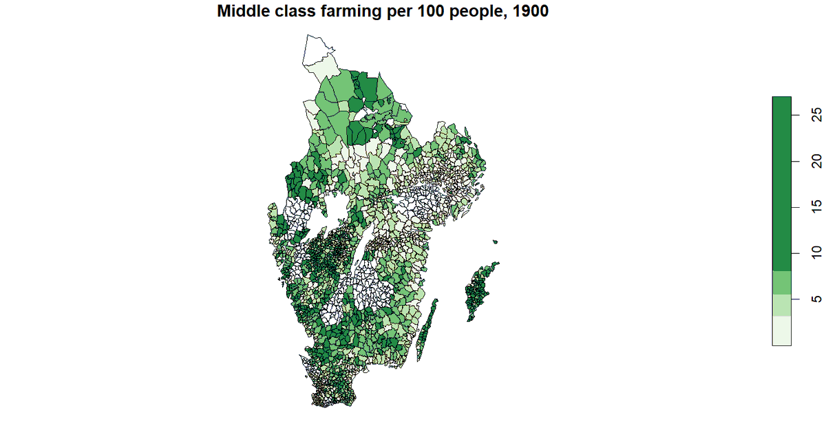 a common idea about Swedish history and society is that it was dominated by a relatively homogenous strata of farmers, not poor, not rich, and that this led to political moderation and slow but steady progress. to give one perspective on this idea, i calculated a crude measure..
