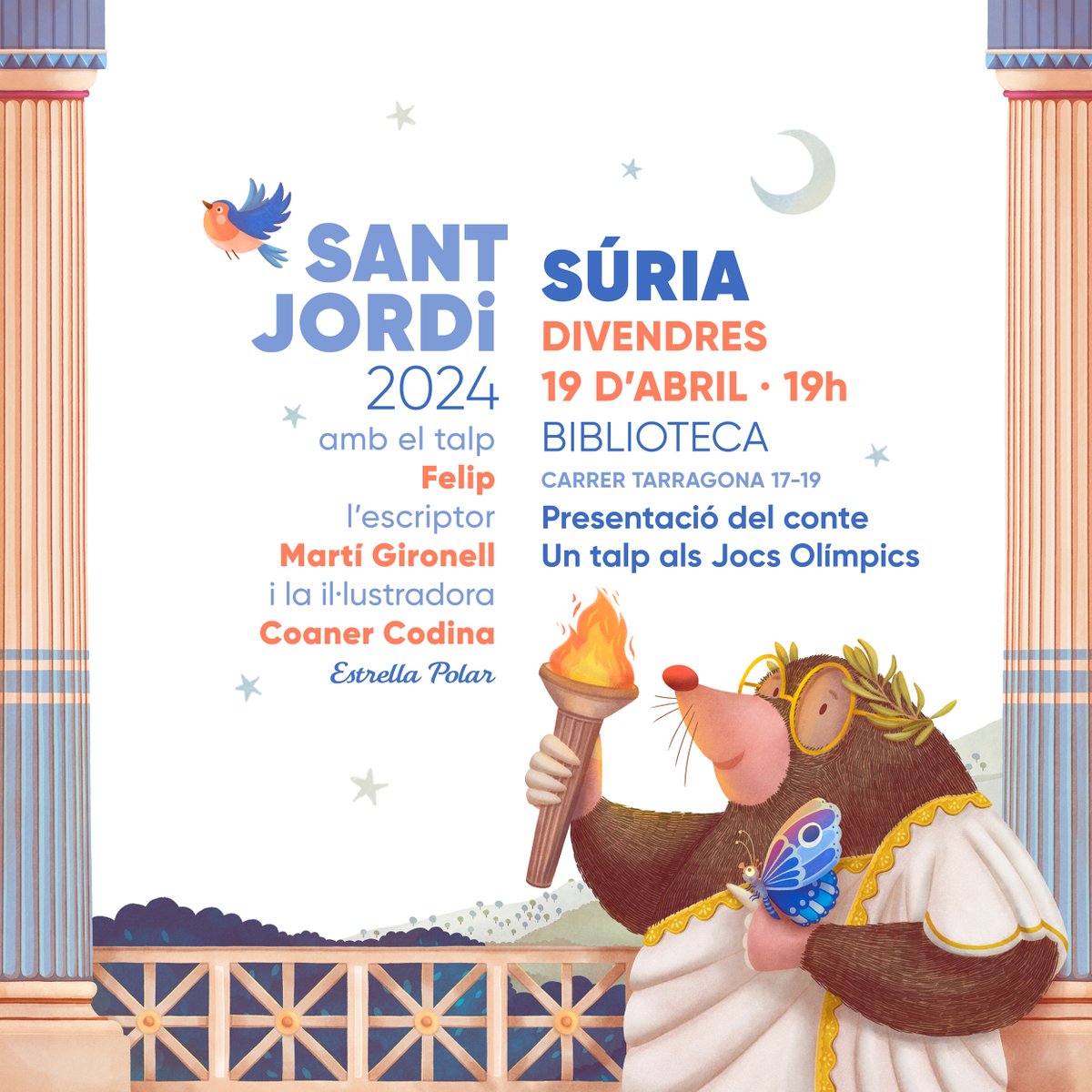 Em fa molta il·lusió celebrar aquest inici de Sant Jordi a Súria viatjant al Santuari d'Olímpia amb el talp Felip i en <a href="/martigironell/">Martí Gironell</a>. Serà aquesta tarda a les 19h a la Biblioteca de Súria!
Feliç Sant Jordi!
📚🌹
<a href="/AjdeSuria/">Ajuntament de Súria</a> 
<a href="/llibresjoves/">Estrella Polar Editorial</a>