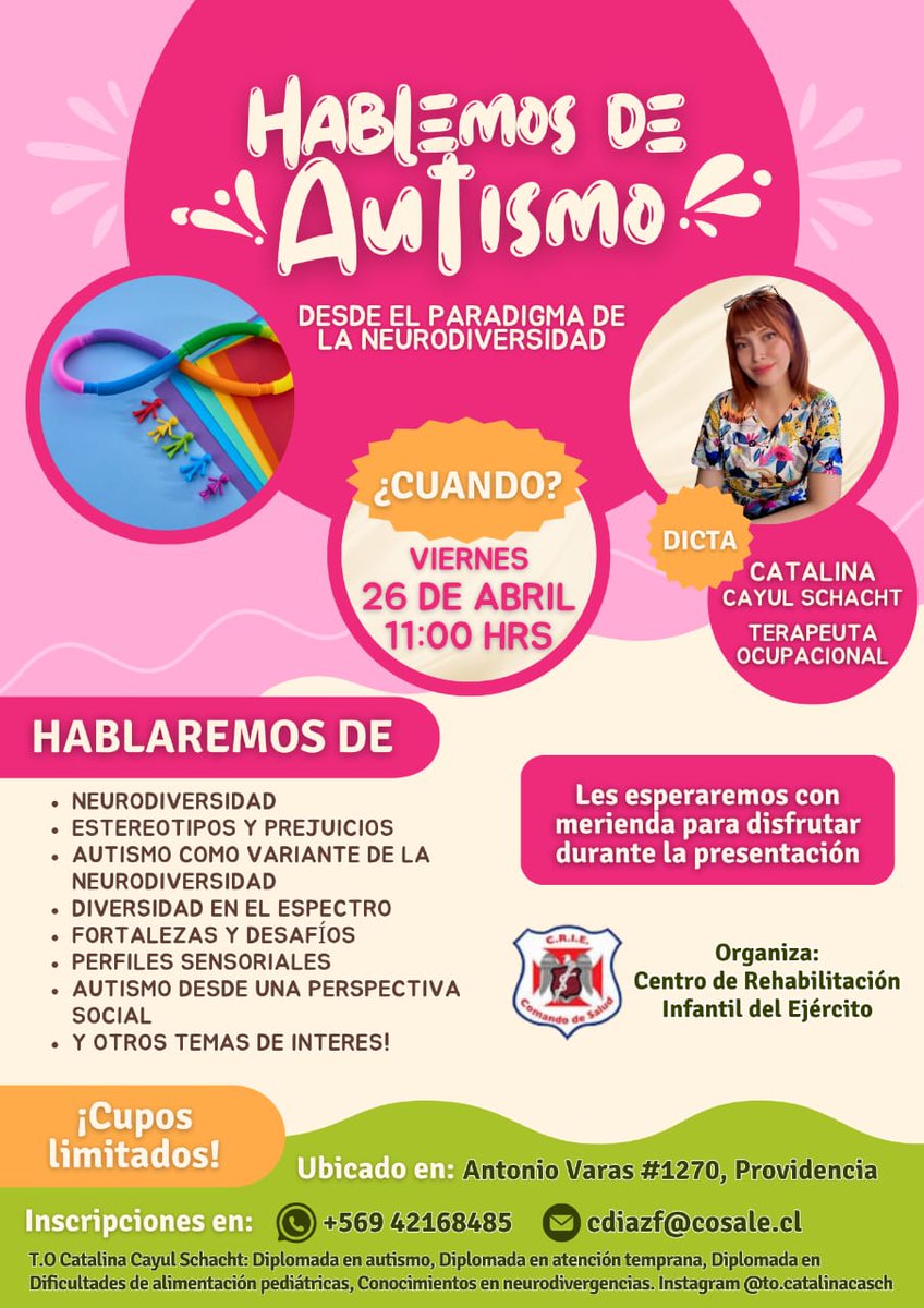 El Centro de Rehabilitación Infantil del @Ejercito_Chile  te invita el viernes 26 de abril a las 11.00 hrs. a participar de una interesante charla sobre el “Autismo”.

Inscríbete!! Cupos limitados
#CRIE
#ejercitodechile
#autismo 
#neurodiversidad