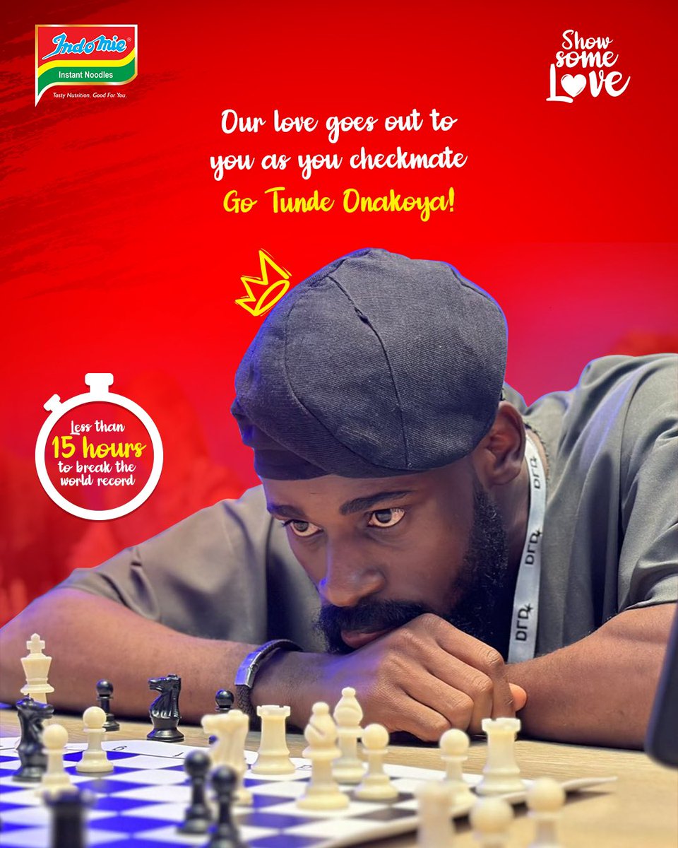 Join us as we show some love to @Tunde_OD as he moves close to breaking the Guinness World Record for the Longest Chess Marathon. Less than 15 hours to go 💪🏼 We're rooting for you as you checkmate every game deliciously! 🥰 Let's bring this home! ❤️ #ShowSomeLoveWithIndomie
