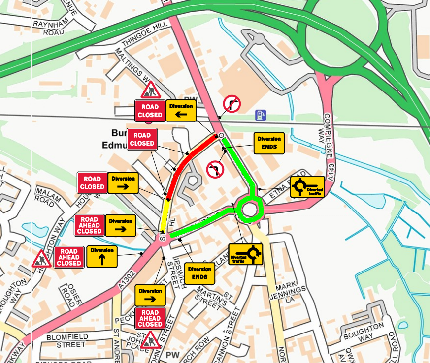 U3500 Station Hill, #BuryStEdmunds will be closed from Tamlyn House to the A1101 on 19 April 2024 between 7pm and 5am, for road repairs. Diversion: A1101, A143 and vice versa. Station Hill access only. #Suffolk