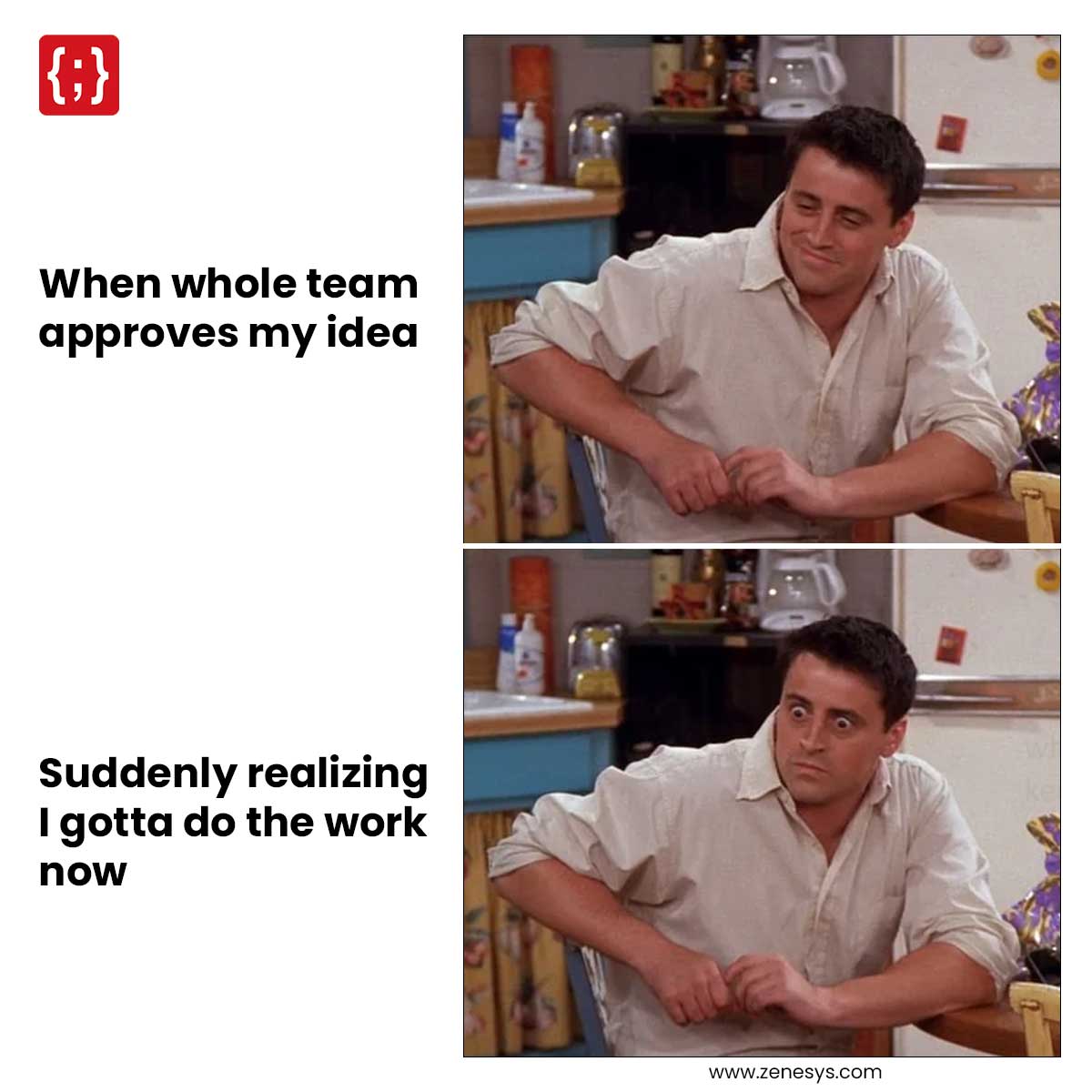 That feeling when everyone loves your idea... until you remember you're the one who has to do all the work. #Fridaymeme #Fridayvibes #Memelife #CorporateMeme #developers #Zenesys