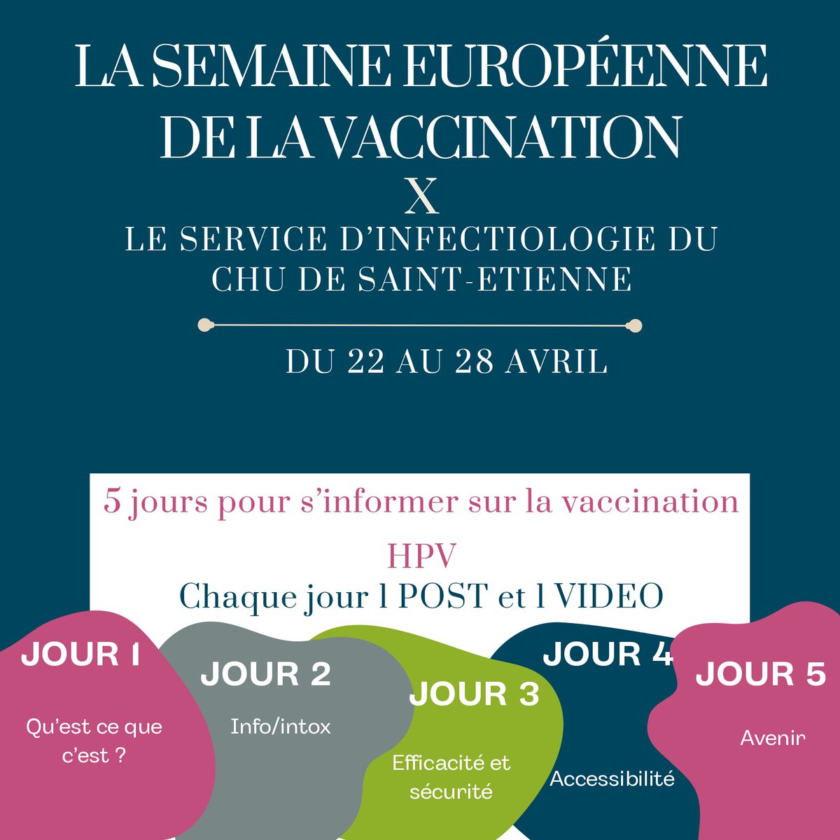 💡5 jours pour vous informer sur la vaccination HPV (papillomavirus)💡 📌 Pour la semaine européenne de la vaccination, le service @InfectiologieC vous propose chaque jour d’en savoir plus sur le HPV et la vaccination contre ce virus Restez connectés 👀