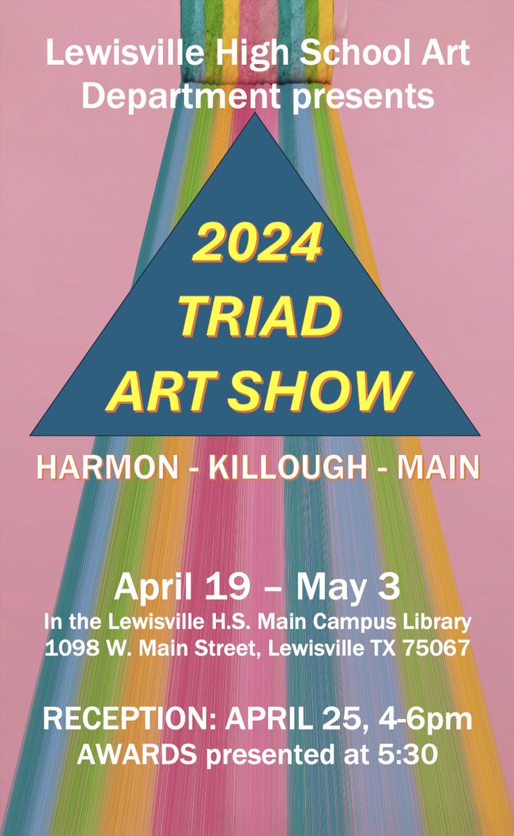 Our Triad Art Show opens today in the LHS Main Library!  There are over 100 artworks by Killough, Harmon, and Main Art students to see.  Our Reception and Awards Presentation will be held next Thursday, April 25th from 4-6pm.  Stop by and be amazed!!