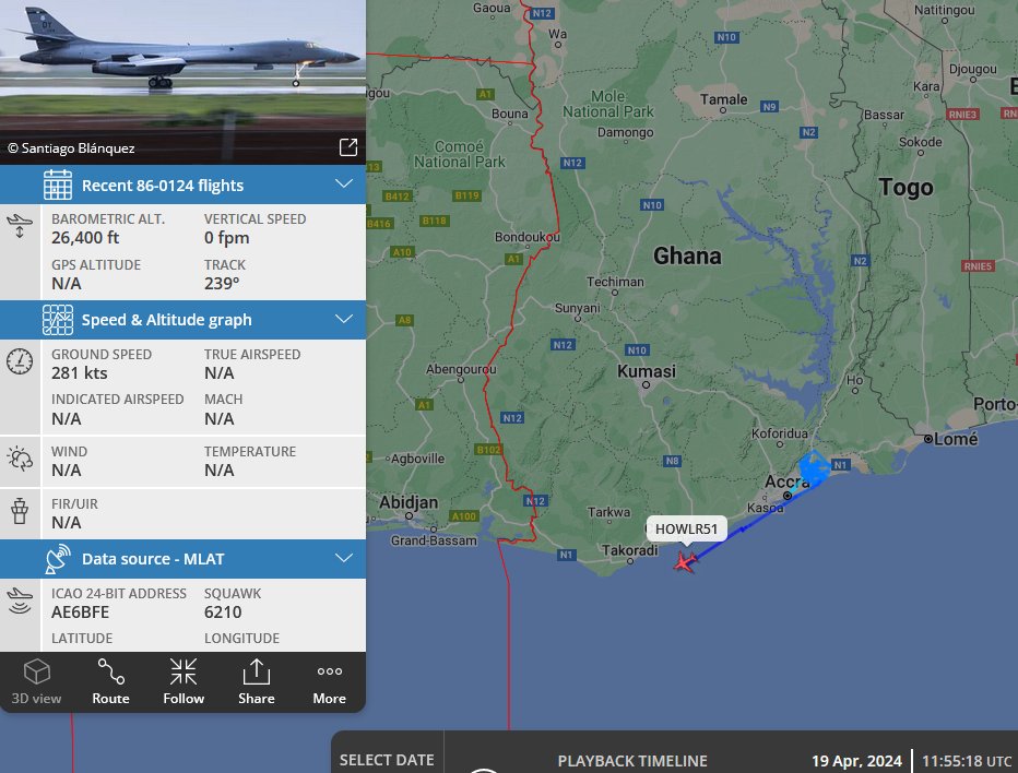 SirListenalot's tweet photo. 0330z #B1 #AE6BFE #HOWLR51 &amp; #AE6BD2 #HOWLR52
0415z Howlers with #KC135 #AE04C4 #LAGR60
1155z #HOWLR51 leaving the Accra (Ghana) area https://t.co/oZB0uMxNNL