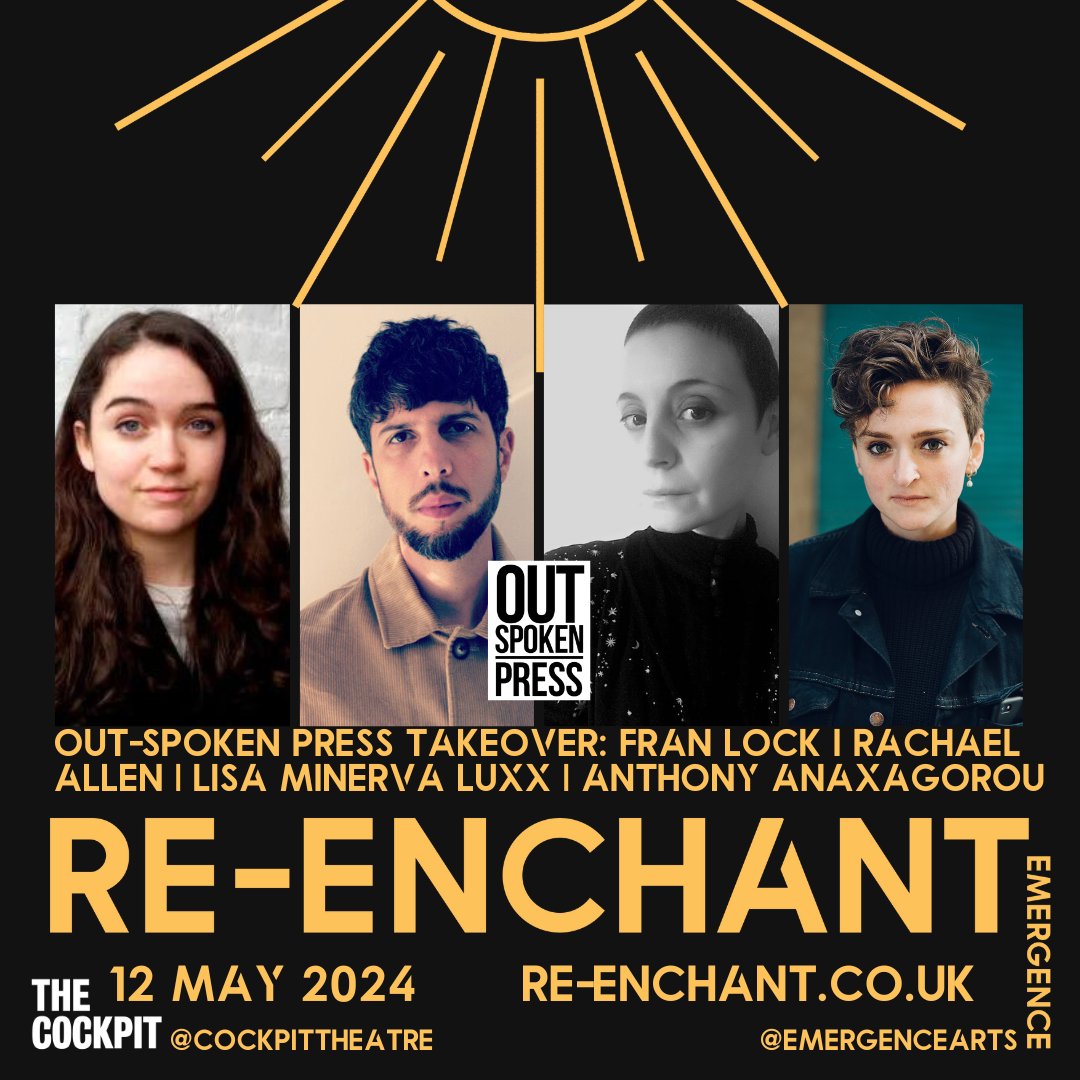 RE-ENCHANT A #SpokenWord Festival 7-12 May Day 6: Sun 12 May @Outspoken_Press Takeover. W/ Anthony Anaxagorou @Anthony1983, Fran Lock, @lisaluxx_ & Rachael Allen A poetry workshop. Followed by discussion & performance focusing on working class #poets. re-enchant.co.uk