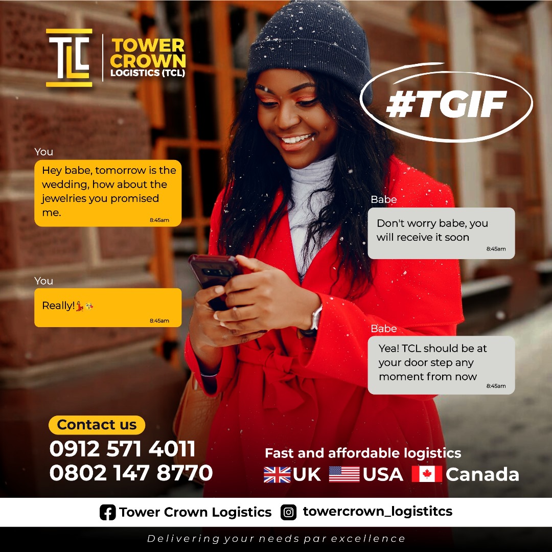 Thank God it's Friday!
Time to attend owambe and parties with loved ones, but don't forget to fulfill your promise to your partner, we are here to deliver every piece with love.

#thankgoditsfriday 
#owambe
#delivery 
#logisticscompany 
#logisticsservice 
#TowerCrownLogistics