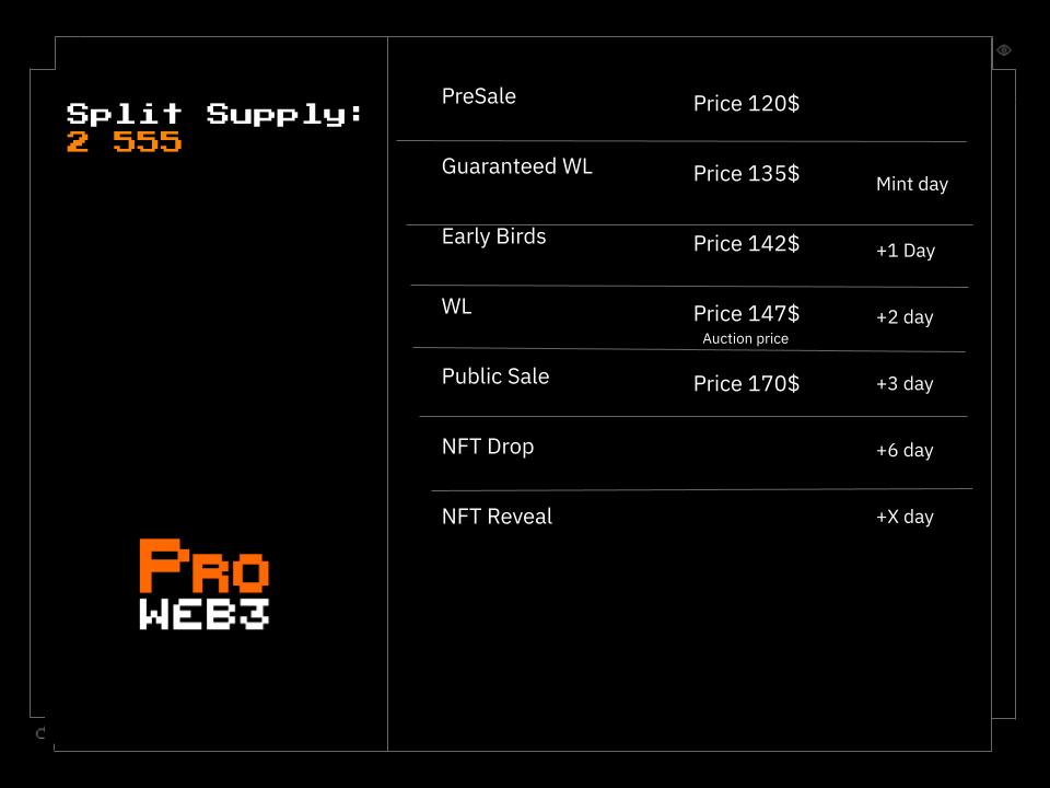 Supply ProWEB3.

The total NFT supply is 5,555. We decided to split supply into 2 seasons, the first will have 2,555 NFTs, and the second will have 3,000 NFTs.

Let's stay in touch!
Website: proweb3.io
Discord: discord.gg/proweb3