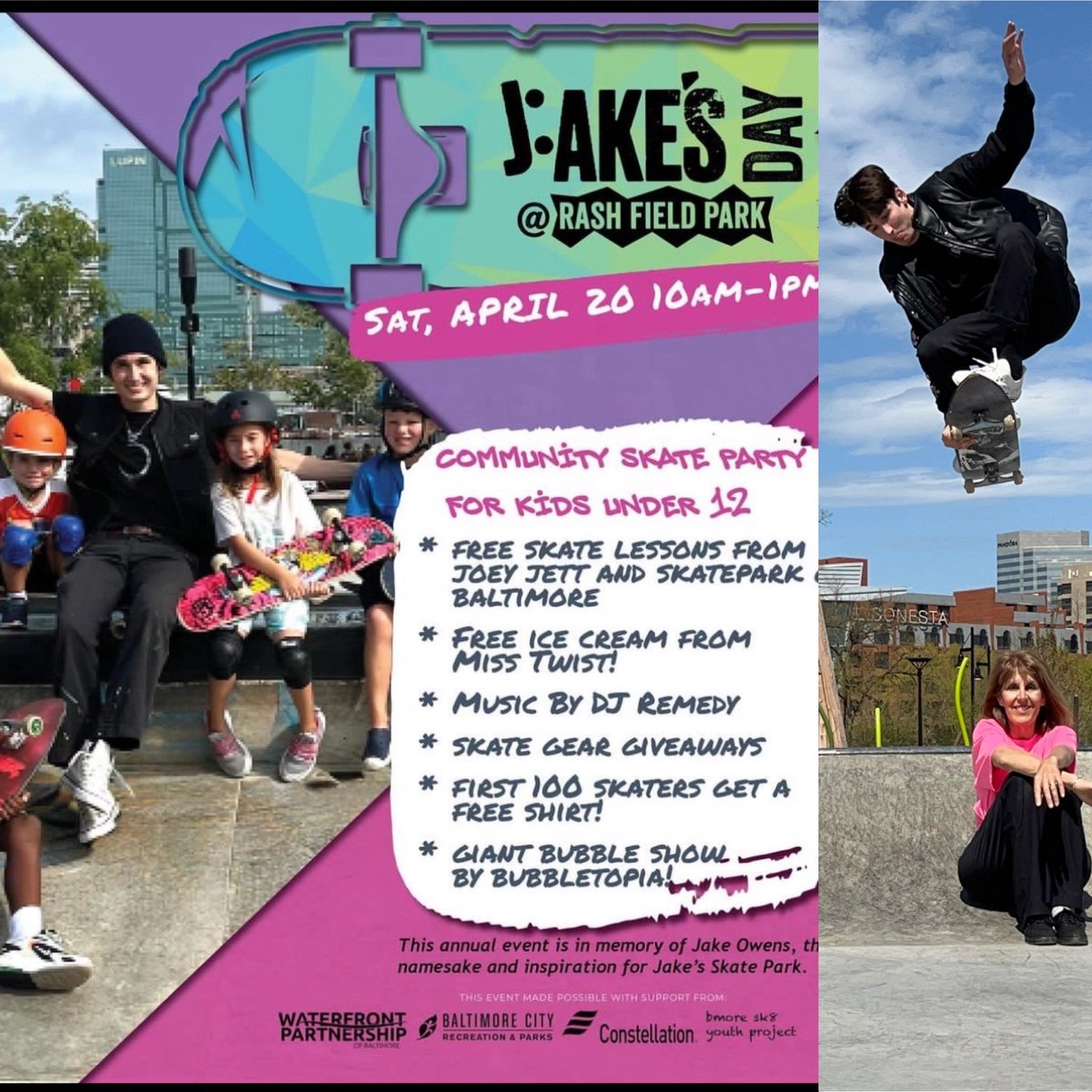 PARENTS - Jump to it! Free kids event tomorrow at Rash Field in the Inner Harbor from 10am- 1pm! Jake’sDay has music, ice cream, lots of give aways & skating for age 12 & under. This park remembers & celebrates Jake Owen. 🛹🖤💛. 🙏🏽@WaterfrontPB