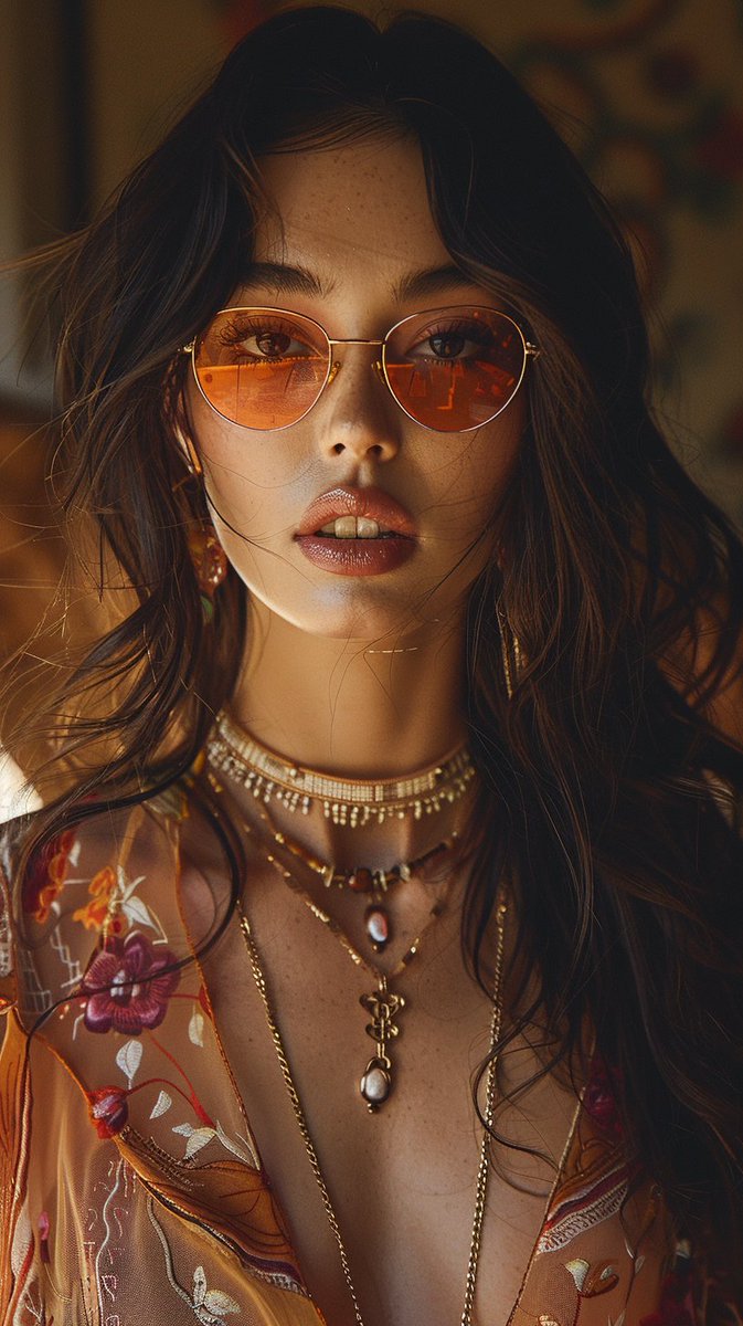 Bohemian Rhapsody in Gold
#BohemianChic #ReflectiveSunglasses #LayeredJewelry #FreestyleFashion