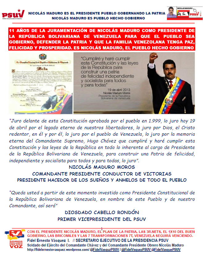 Se cumplen 11 años de la juramentación de Nicolás Maduro como presidente de la República Bolivariana de Venezuela goo.su/DD4EM @NicolasMaduro @dcabellor @FidelVasquzPSUV #GloriaAlBravoPueblo