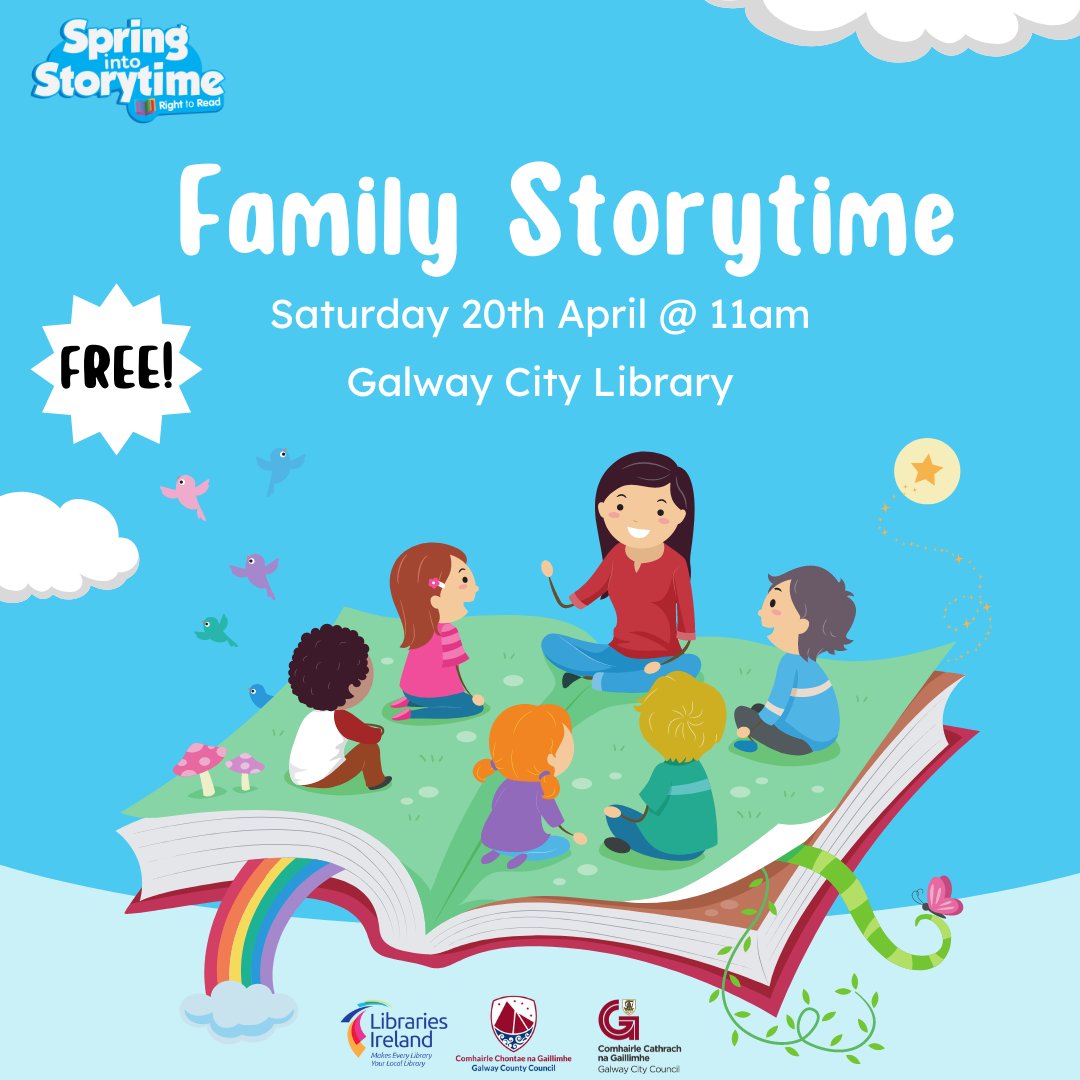 Why not #SpringIntoStorytime and join us for our special Family Storytime tomorrow! With lots of great stories to listen to, it's suitable for all ages and FREE! It starts at 11am, so come on and join the fun!
#storytime #AtYourLibrary #familyevents #freeeventsgalway
