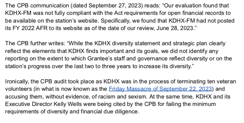roykasten's tweet photo. In September 2023, as KDHX was completing its purge of dissenting volunteers (of which I was one), it was being audited by @CPBmedia and ultimately fined $2500 for non-compliance. A waste of donor money and another betrayal of the community. https://t.co/SctqBRAdVw