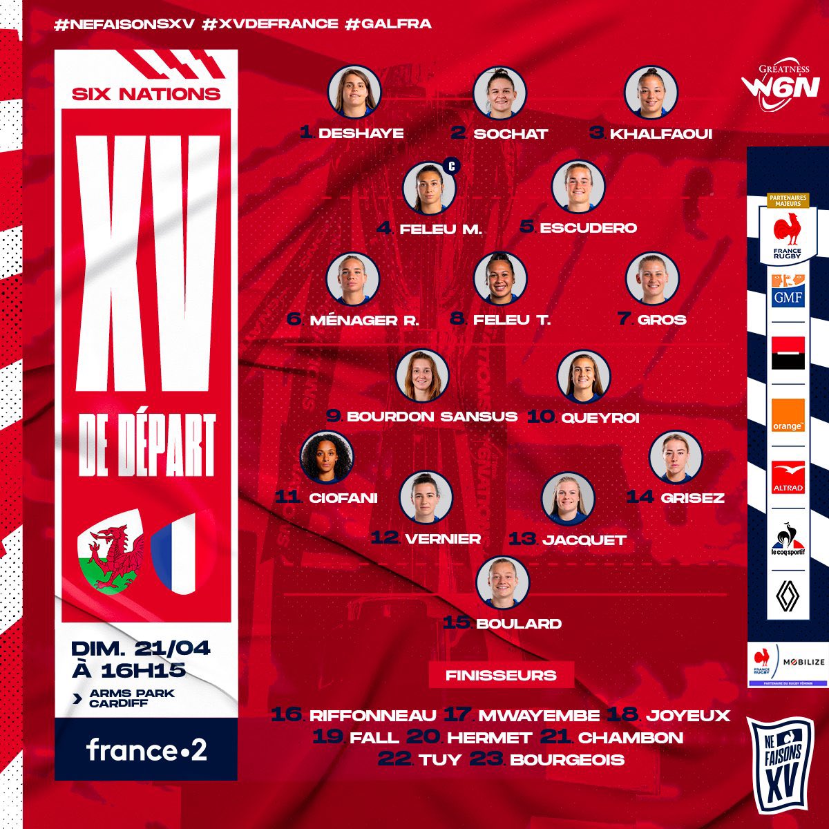 Voici la compo du XV de France pour leur avant-dernier match du Tournoi des 6 Nations face au pays de Galles ! Ciofani (1ère sélection), Grisez et Jacquet intégrées directement dans le XV de départ. Escudero en 2e latte, Teani Feleu titulaire, Fall et Hermet sur le banc.