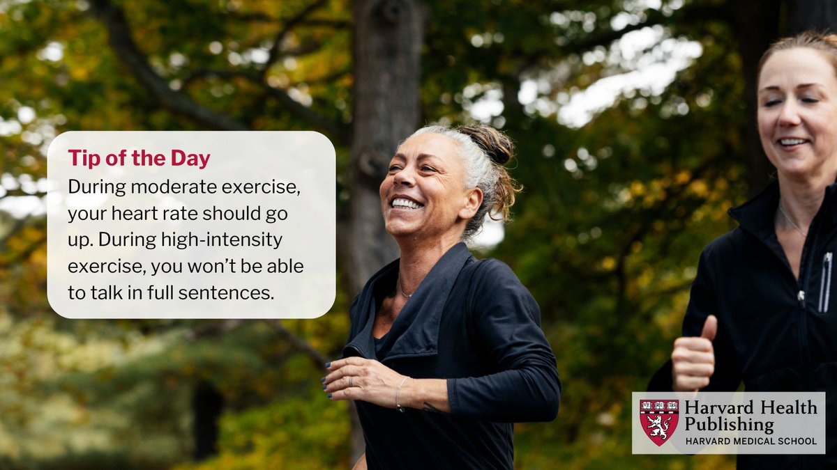 Moderate vs. high intensity exercise: During moderate exercise, your heart rate should go up. During high-intensity exercise, you won’t be able to talk in full sentences. #HarvardHealth #HarvardTipoftheDay