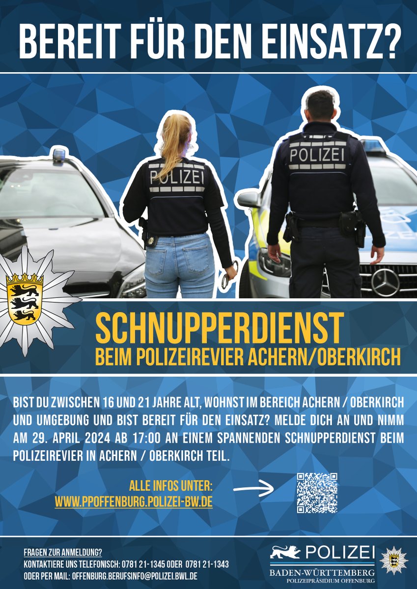Bist du zwischen 16 und 21 Jahre alt, wohnst in #Achern / #Oberkirch und Umgebung und hast Interesse an der Arbeit der #Polizei? Dann haben wir genau das Richtige für dich! Der Schnupperdienst beim Polizeirevier in Achern am Montag, 29.4, ab 17 Uhr ➡️ ppoffenburg.polizei-bw.de/schnupperdiens…