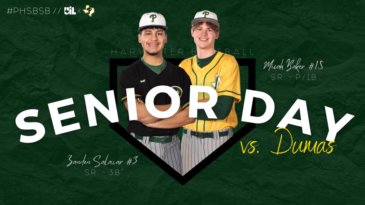 it’s 𝐬𝐞𝐧𝐢𝐨𝐫 𝐝𝐚𝐲 at harvester field! see you there! #PHSBSB 📍Harvester Field 🆚 @DEMON_HARDBALL 🕑 4:00 🎟️ gofan.co/app/school/TX1… 🎥 @PampaHSN