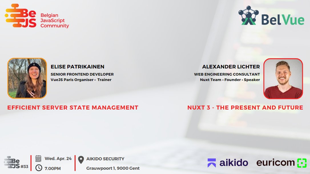 🇧🇪 Our collab. #meetup with our friends at @BELVue_meetup - with @ElisePatrikain1 and @TheAlexLichter🤗- is taking place next week, and we're excited about it. ℹ️ + RSVP 👉🏼 meetup.com/bejs-belgian-j… Thanks to our #sponsors 🙏🏼@EuricomNV 🙏🏼@AikidoSecurity 🇧🇪 #BeJS x #BelVue 🇧🇪