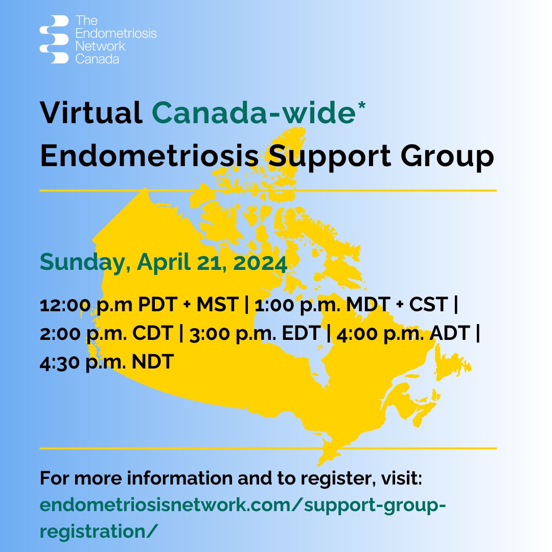 Friendly reminder to mark your calendars for the April virtual, Canada-wide* endometriosis support group meeting on April 21st at 3 p.m. EDT

For more information and to register, visit: endometriosisnetwork.com/support-group-…

#Endometriosis #Endometriose #EndometriosisAwareness #EndoAwareness