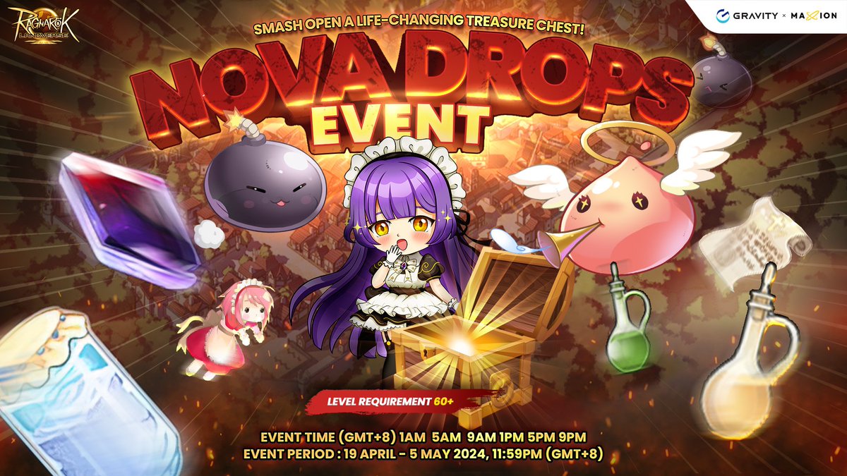 🎁 Nova Drops Event: Find and Smash Treasure Chests for Reward Nova Treasures will spawn randomly on designated maps every 4 hours. Be ready to claim your rewards by finding the treasure chests! For more details,Click ☛ news.landverse.maxion.gg/2024/04/19/rag… #Web3Gaming #PCMMORPG #Newserver