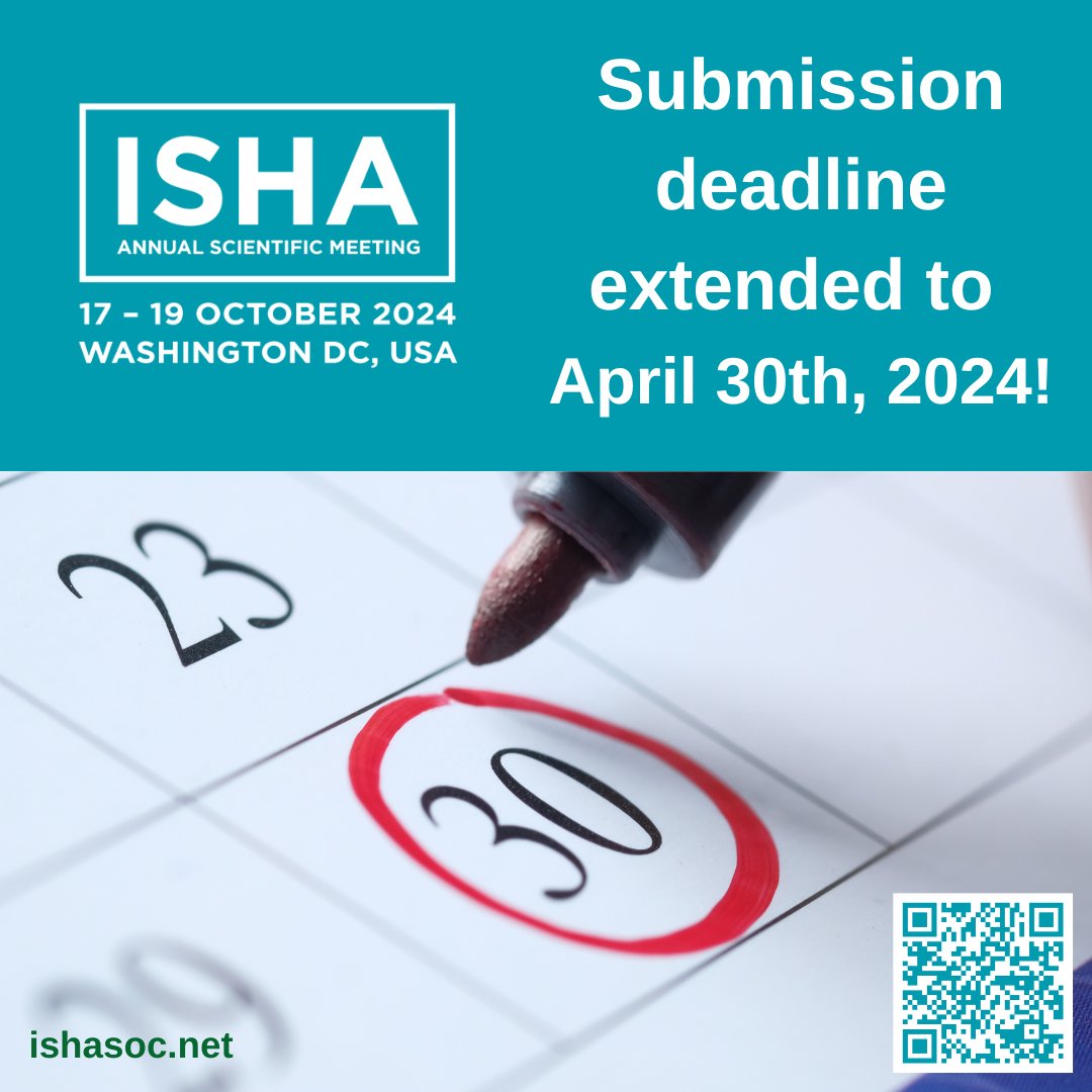 DEADLINE EXTENDED! You now have until April 30th, 23:59 EDT to submit your abstracts for the 2024 Annual Scientific Meeting of ISHA - The Hip Preservation Society! oaandgap.eventsair.com/isha-2024/abst… #scientificresearch #HipPreservation #sportsmedicine #rehabilitation