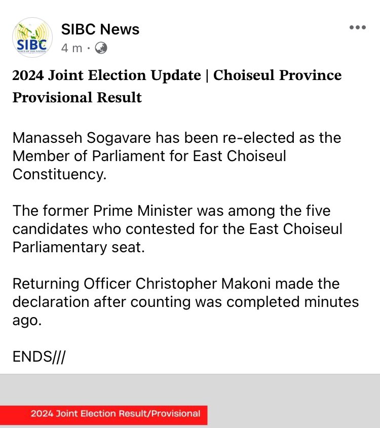Breaking - SIBC reporting that Solomon Islands Prime Minister Manasseh Sogavare has retained his seat of East Choiseul, despite a spirited challenge by David Qurusu