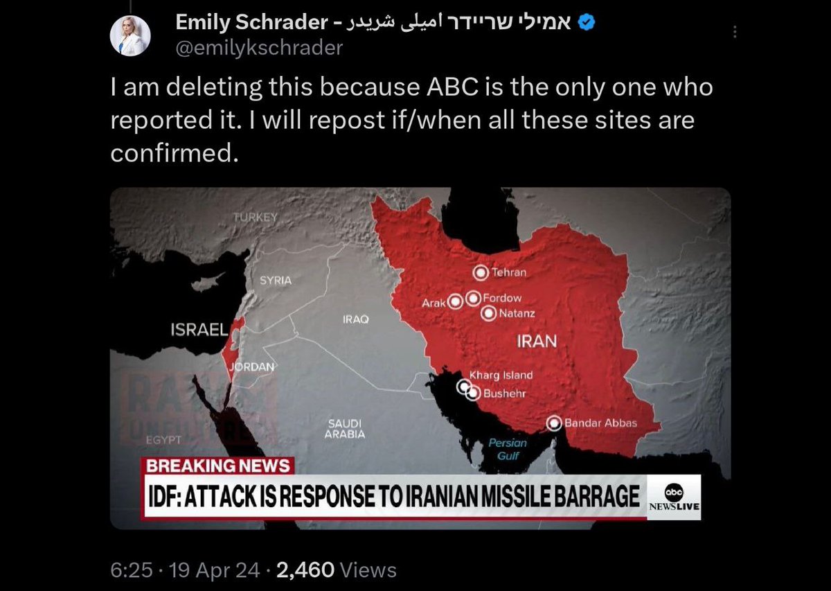 📸 'I am deleting this because ABC is the only one who reported it...' 😂😂😂

📑#Misinformation
📢#PropagandaWar
🇮🇷#LongLiveIROIran
🏴‍☠#ZionistPropaganda
⚠️#PsychologicalWarfare