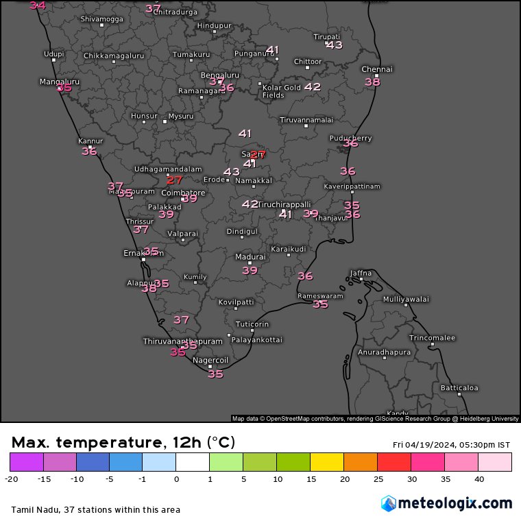 #Erode records the first 43°C of 2024 in #TamilNadu while #Dharmapuri records 41°C during the month of April only for the third time in the last 50 years. 7 places recorded at least 41°C on a day when TN went to the poll for #LokSabhaElections2024. #Chennai gets lucky with the