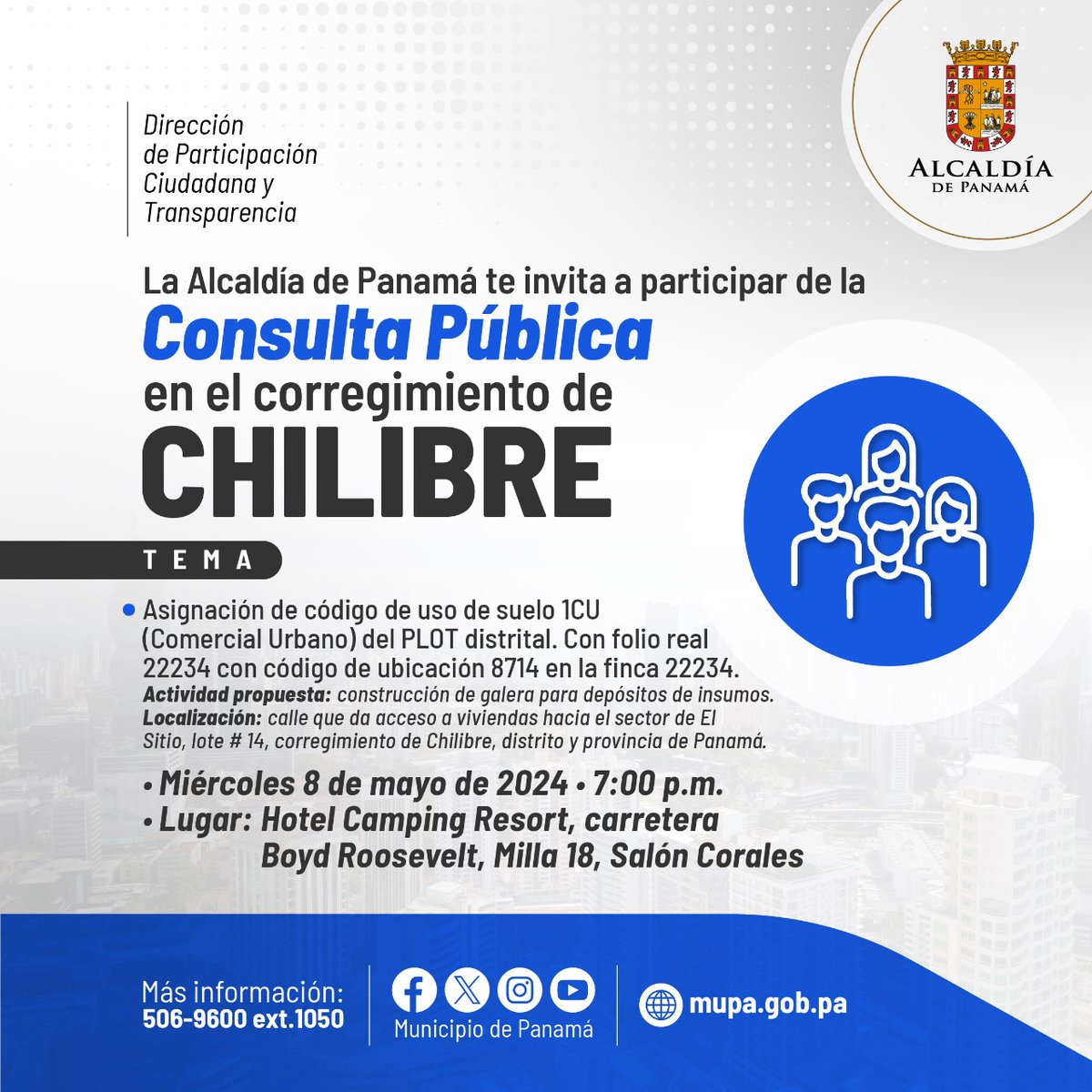 ¡Chilibre te necesita! Únete a la Consulta Pública el 8 de mayo de 2024 a las 7:00 p.m. en el Hotel Camping Resort y comparte tus ideas para el futuro de nuestra comunidad. ¡Tu voz es importante! 📢 #ConsultaPública #Chilibre