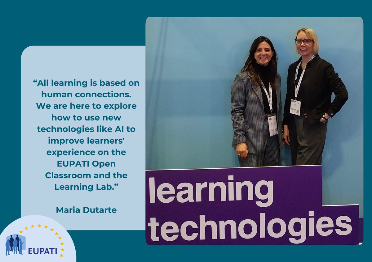 This week, Maria Dutarte & Laia Bisbal were representing EUPATI and getting inspired at the Learning Technologies Exhibition & Conference (17-18 April) in London 💡 

Will some innovative solutions be integrated within EUPATI soon? Stay tuned! 😉 

#EUPATI #LT24UK #AI
