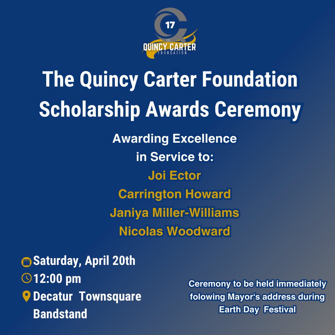 I am thrilled to announce the 2024 Quincy Carter Foundation Scholarship Recipients: Joi Ector, Carrington Howard, Nicholas Woodward and Janiya Miller-Williams. Each of these SWD Seniors has committed time and energy to serving their community and excellence in the classroom.