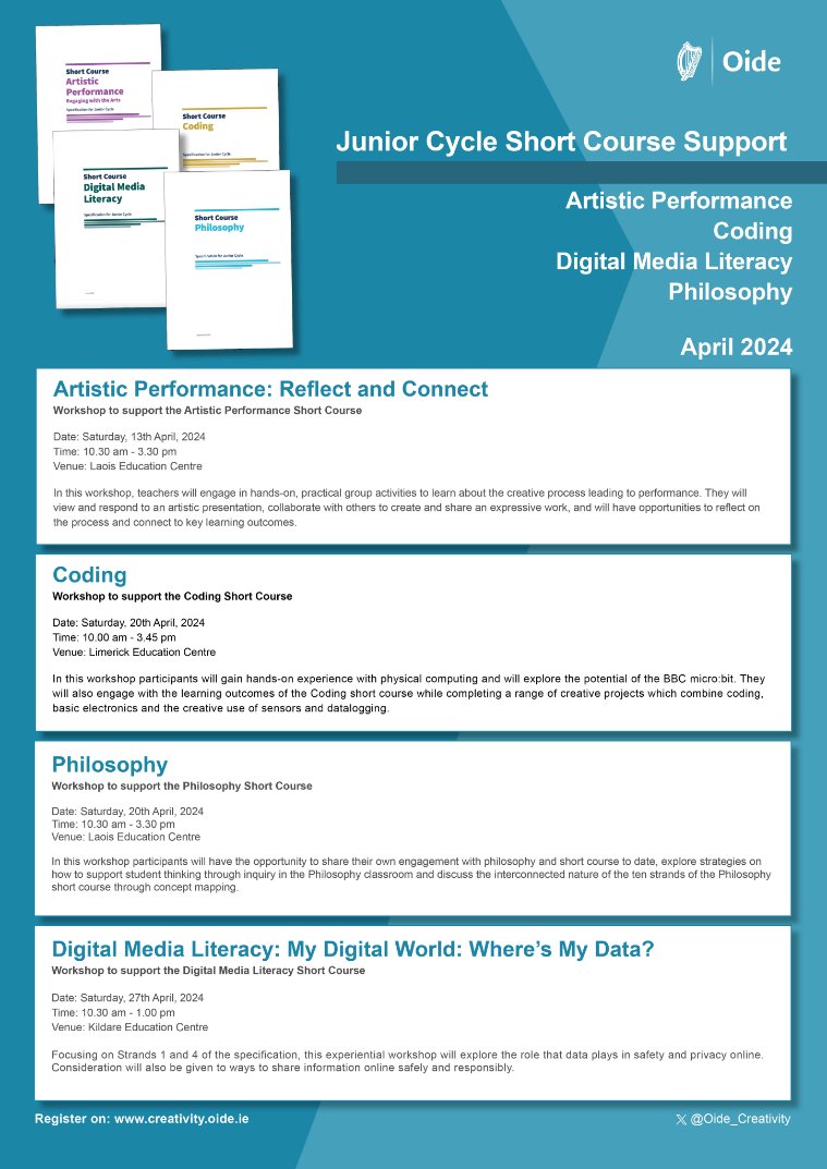 We look forward to meeting participants this Saturday for JC short course workshops. If you would like to join us, please visit our website to register: creativity.oide.ie 💻Coding - @limerickedcentr 🤔Philosophy - @CentreLaois