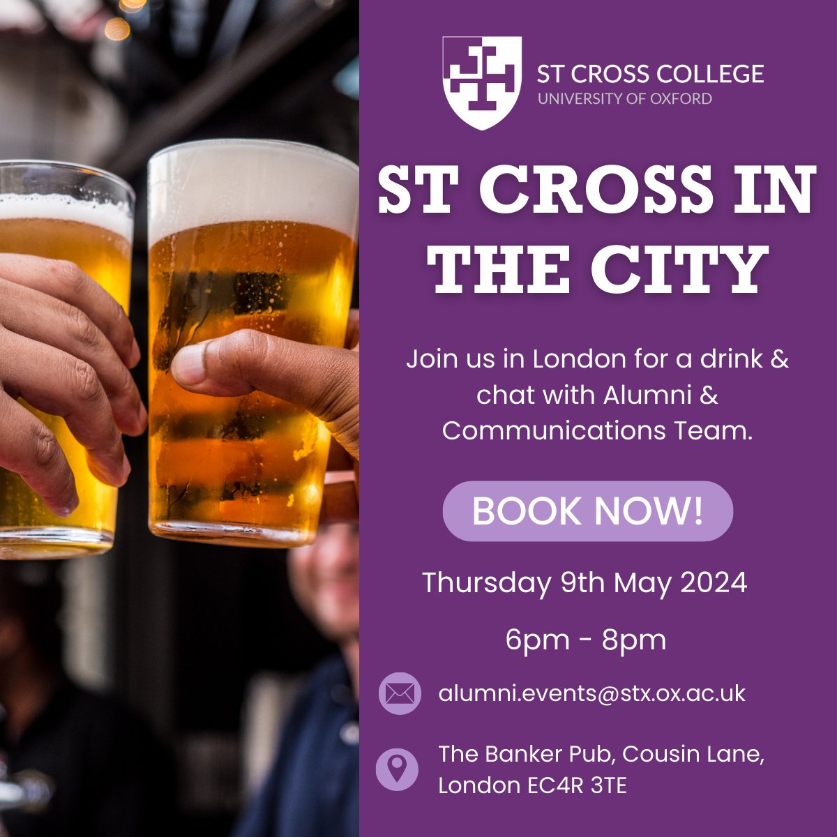 We welcome Alumni and a guest to join us in London for a drink or two! Pop in and say hi to our Alumni and Communications team. Date: Thursday 9th May 2024 Time: 6pm - 8pm Please book via alumni.events@stx.ox.ac.uk. ow.ly/E6qM50RjOjo We look forward to seeing you!