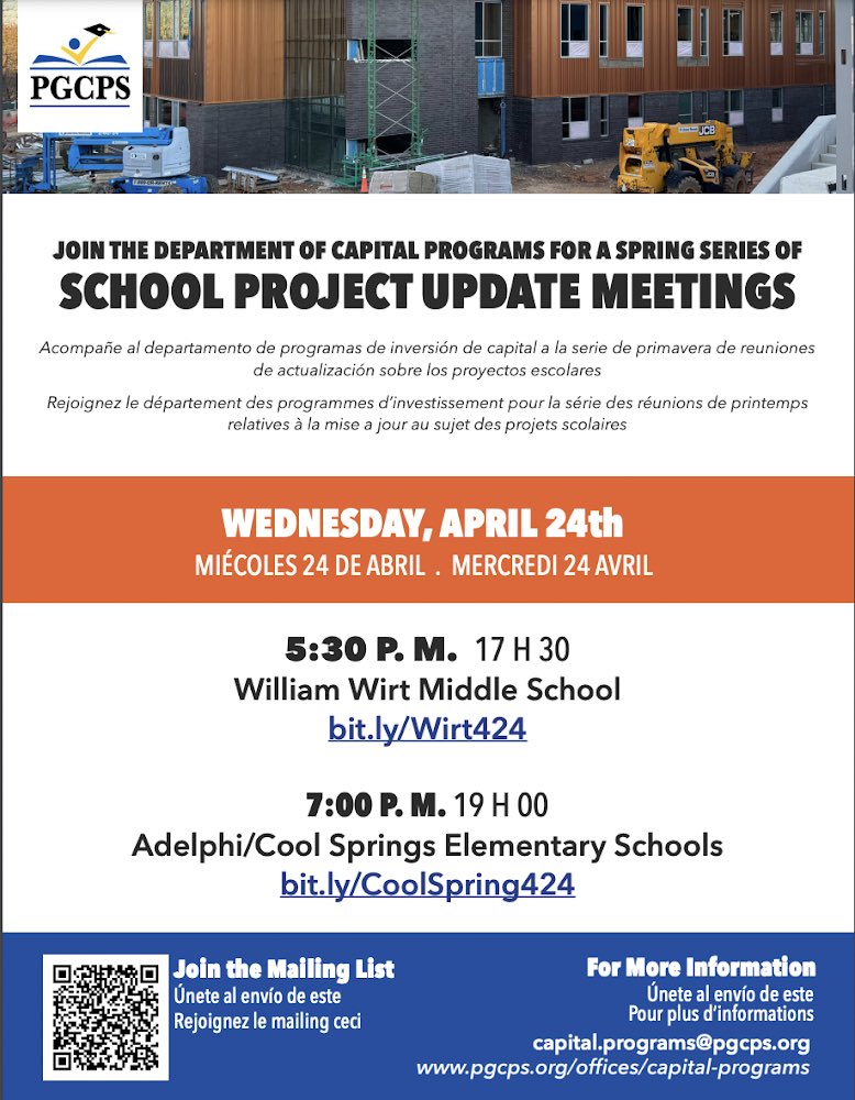 Join the Department of Capital Programs for spring project update meetings: William Wirt Middle School Project Update Meeting Registration Link: bit.ly/Wirt424 Cool Spring Elementary School Project Update Meeting Registration Link: bit.ly/CoolSpring424