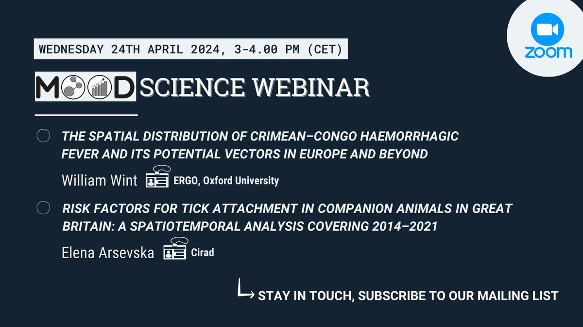 Join us today at 3 pm (CEST) for a new Science Webinar! 🔎Today's focus: #CCHF distribution modelling & #tick risk analysis in GB 👩‍🏫Today's experts: @WilliamWint from @UniofOxford & @Elena_Arsevska from @Cirad 📩Ask for the link to mood-coordination@cirad.fr