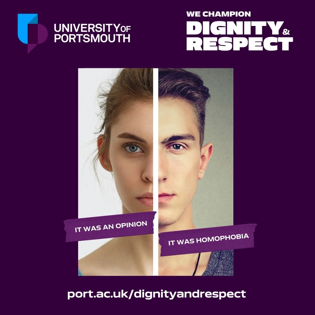 Different voices, one community. We will create a community based on dignity and respect, where everyone is able to thrive. Find out how we champion dignity and respect: bit.ly/3vY04JE #PortsmouthUni #DignityAndRespect