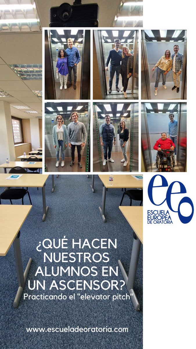 ¿Qué mejor manera de practicar un #elevatorpitch que en un ascensor? En los cursos de #Oratoria de la @EOratoria cualquier cosa puede pasar; lo importante es aprender y pasarlo bien. #hablarenpublico #presentaciones